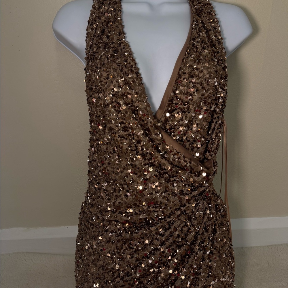 ZARA Elegant Sequin Halter Dress in Brown